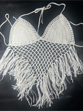 Boho Crochet Fringe Triangle Tie Top White Free Size Festival Beach Cover Up